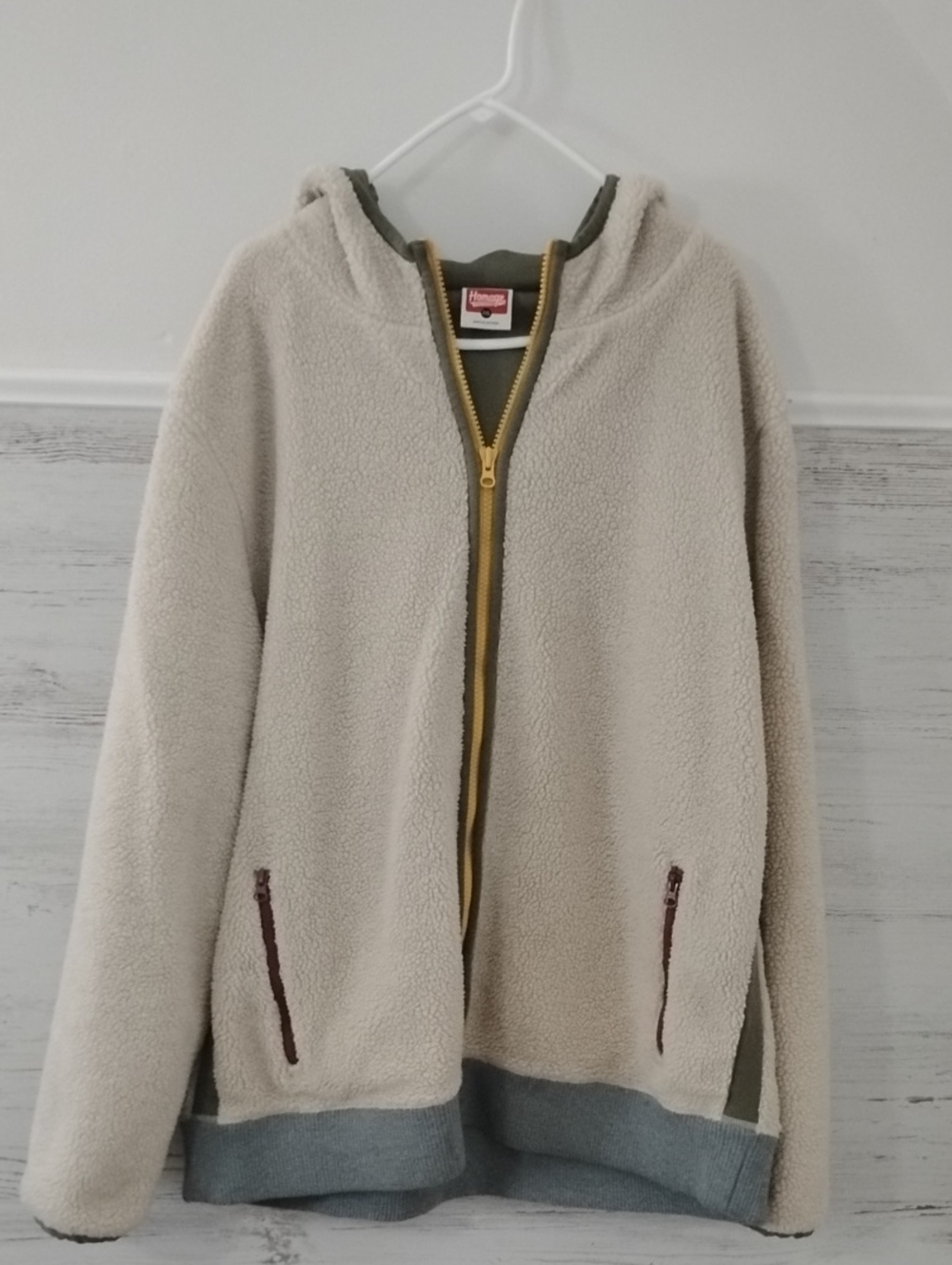 HOMAGE Cream Sherpa Fall Jacket with Olive Trim and Gold Zipper